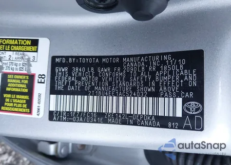 2010 Toyota Corolla Le из США, поврежденный, VIN 2T1BU4EE1AC524032